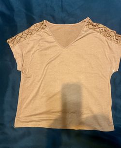 Women's Camel Tan V-Neck Lace Shoulder Top