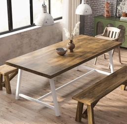 71in Rectangular Wood Dining Table for 8, Metal Frame (Oak & White)
