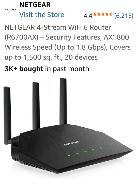 NETGEAR 4-Stream WiFi 6 Router (R6700AX) Refurbished