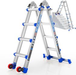 14FT Multi-Position Telescoping Ladder, A-Frame and Extension Tested to ANSI A14.2-2017, 330 lb Capacity, Aluminum Frame, Locking Hinges, Stabilizer B