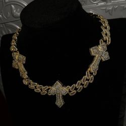 18 K Gold Plated Baguette Style Triple Cross Cuban Chain 