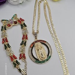 Virgin Mary Fashion Set Chain With Bracelet Gold-plated Multicolor 