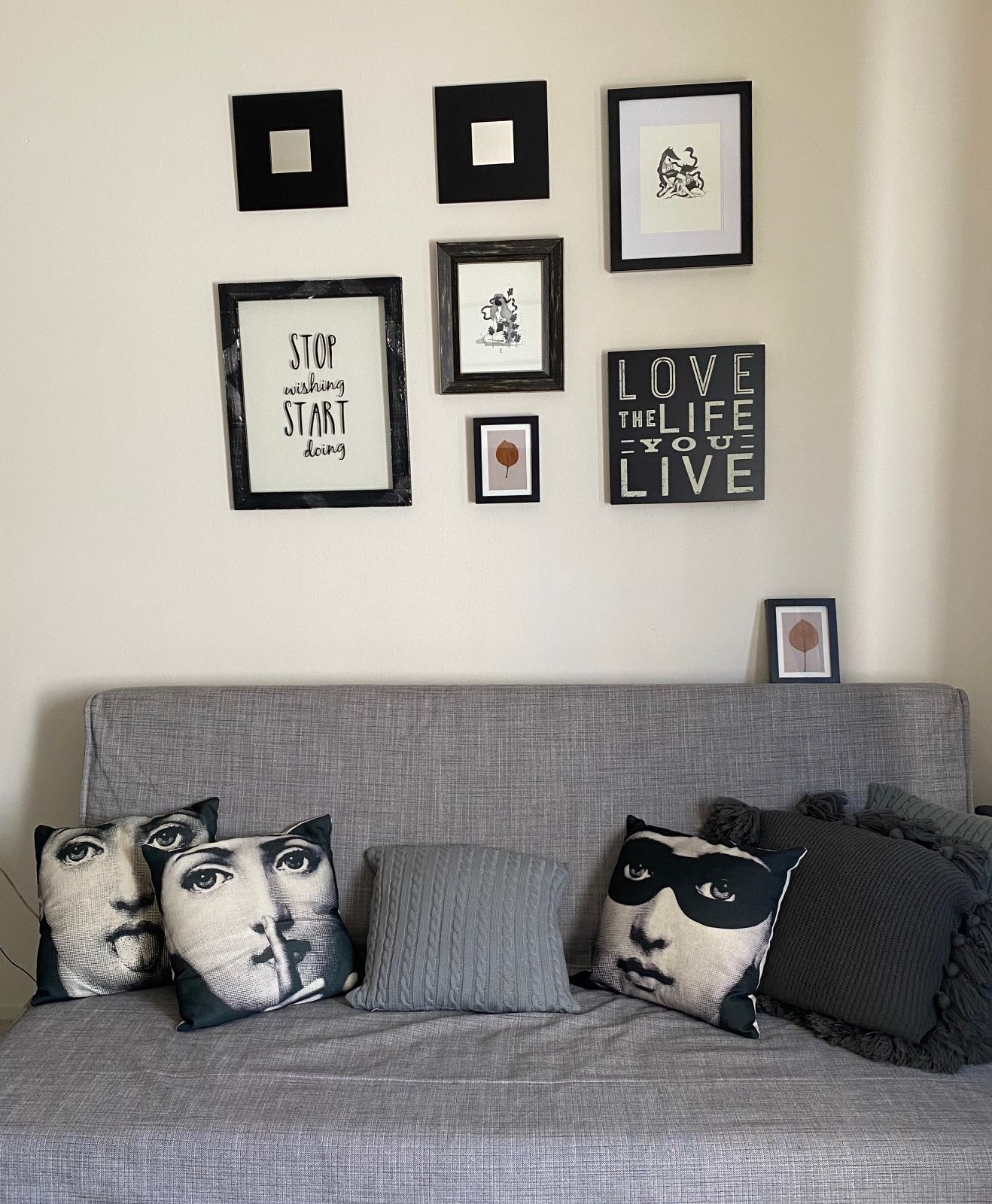 IKEA Lovas Gray Sleeper Sofa Bed Futon + Cute Print Art Pillows