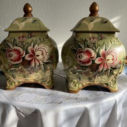 Two Hand Painted Decorative Jars