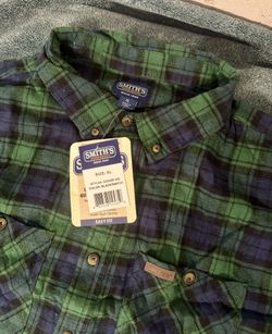 Smith's Work Wear Shirt Men XL Green Blue Plaid Flannel Long Sleeve Button Down