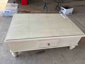 White Wood Coffee Table with Drawer with glass top