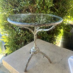 Classic Alberto Geocometti Inspired Glass and Cast Iron Branch Table w/Bird: