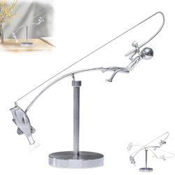 Fisherman Balancing Sculpture, Metal Kinetic Fishing Sculpture Home Office Desktop Ornament