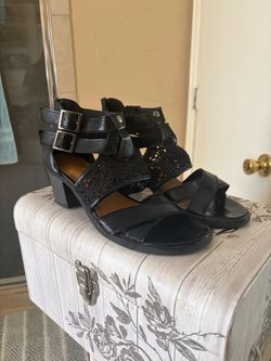Black Leather Block Heel Sandals