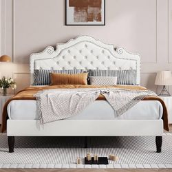 Queen Size Bed Frame with Adjustable Velvet Tiara Headboard, Upholstered Diamond Button Tufted Platform Bed, Wood Slats Support, No Box Spring Needed,