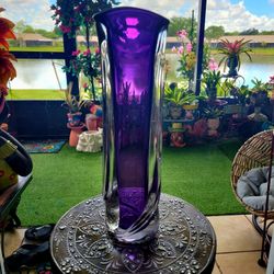 Vintage 1988 Matthew Buechner Purple Thames Tulit Handblown Art Glass Fan Flower Vase Signed 13"