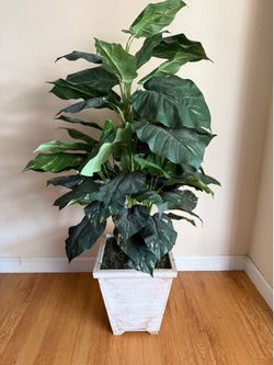Large Faux Tropical Plant in White Distressed Wood Planter