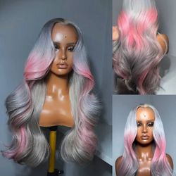 24 Inch Ombre Gray Pink Gray Wig 