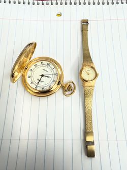 Great condition, vintage, like new gold tone Gruen precision quartz pocket watch with vintage ladies Seiko gold tone wristwatch. They just need new ba