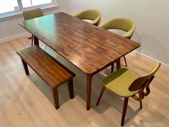 Mid-Century Dining Table, Chair and Bench Set (6 seats) in Walnut Finish