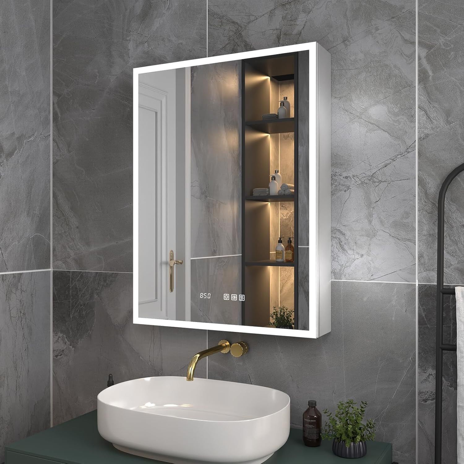 ExBrite Lighted Medicine Cabinet 24 x 32 Inch,Recessed or Surface led Medicine Cabinet, Clock&Room Temper Display,Defog,Dimming,3 Color Temper Change,