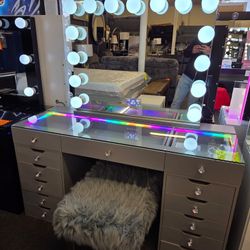 Super Deal XL Vanity Grey 13 Drawers RGB Light On Desk, LED Light Inside Drawers & XL Hollywood Mirror $799