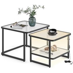 VASAGLE Nesting Tables Set of 2, Frosted Glass Coffee Table with LED Lights, Modern Square Side Tables with Bottom Shelf, for Living Room, Bedroom, Of