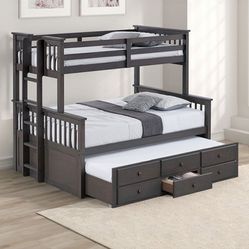 Gray Twin/ Full Bunk Bed w/ Twin Trundle & 3 Underbed Drawers 