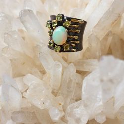Black Rhodium Over Solid Sterling Silver Opal And Peridot Size 6
