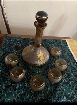 Vintage Frosted Glass Decanter Set with 6 Cups