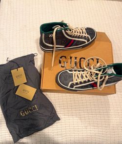 Gucci GG Logo High Top Lace-Up Sneakers Gray w/ Red/Blue Stripe Men US 11