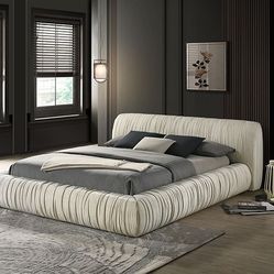 IVORY FABRIC QUEEN / KING SIZE BED FRAME PLATFORM STYLE