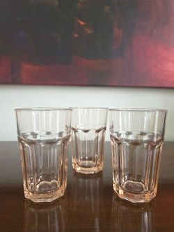 Libbey Glass - Glass tumblers in peach/pink tint, 'Gibraltar' pattern by Libbey Glass Company