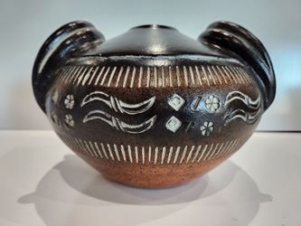 Clay Native American Vessel With Bison Horn Shaped Handles Ceramic Carved VASE