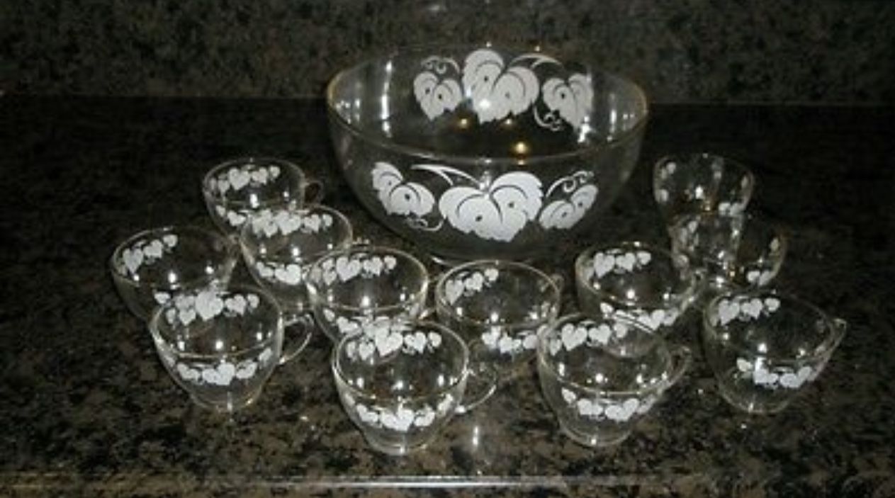 Vintage Punch Bowl Set, 13pc White Grape Leaf