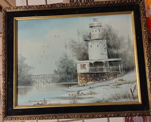 OIL  PAINTING (Everett Woodson ) By The Lighthouse