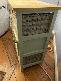 Green Wood Storage Cabinet with Wicker Baskets