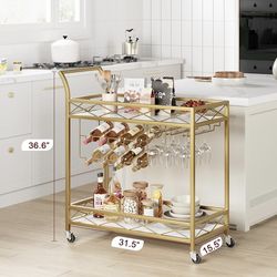 Gold Bar Carts with 2-Tiers Storage Shelves，Mobile Kitchen Seving Carts on Wheels with Wine Rack and Glass Holder for Kitchen, Living Room, Dining Roo