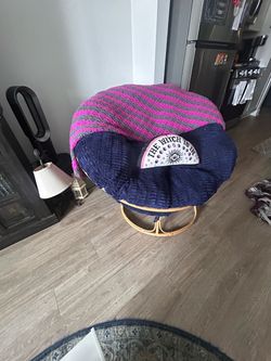 Oversized Swivel Papasan Chair with Navy Cushion – $75 OBO