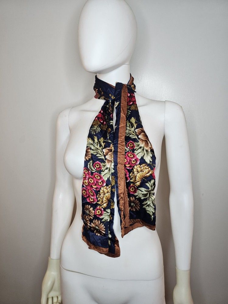 Adrienne Vittadini Foral Navy and Brown Scarf 100% Silk Printed In Korea