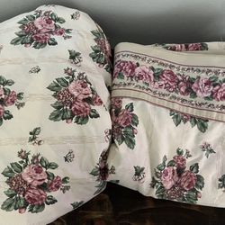 Vintage Dan River Floral Rose Stripe Queen Flat Fitted Sheet Cottage Core Shabby