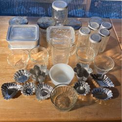 Lot Of Vintage Kitchen Ware:  Kerr Jelly Glass; Fire King Clear and Milk Glass