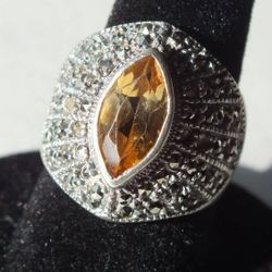 Women's Sterling Silver Ring With Citrine and Marcasite Accents, Size 6
