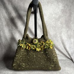 Handmade Olive Green Textured Wool Blend Tote Bag Ribbon Fringe & Button Accent