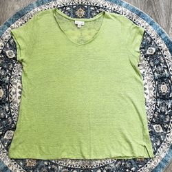 J. Jill Small Neon Green Sheer 100% Linen V-neck Blouse Tee Top Love Linen