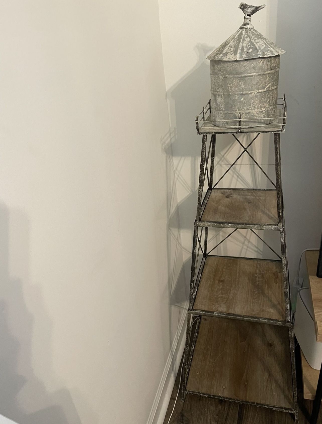 Metal Grain Silo Water Tower 3-Tiered Display Wood Shelves Stand Bird Farmhouse Galvanized