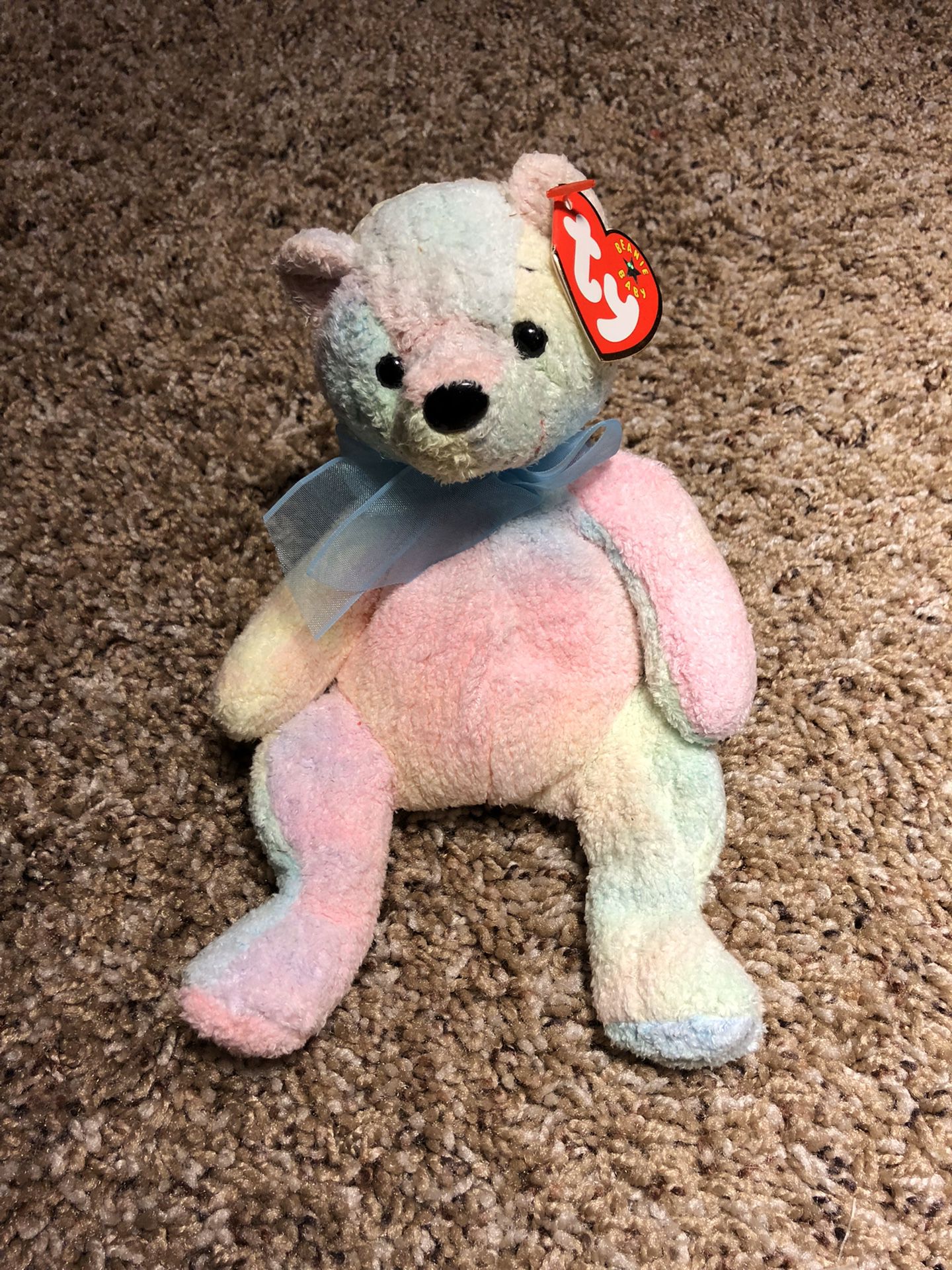 Ty Beanie Babies Mellow rainbow tye die pastel teddy bear plush plushie doll NWT vintage with blue ribbon teddy bear