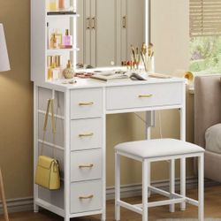 LED Lighted Vanity Table Set With Large Mirror, 3 Color Adjustable Lights with Stool