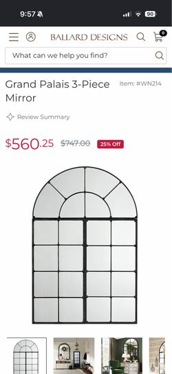 40” × 60” Black Industrial Arched Window Pane Wall Mirror – 3-Piece Set (Model BES-55365), New in Box