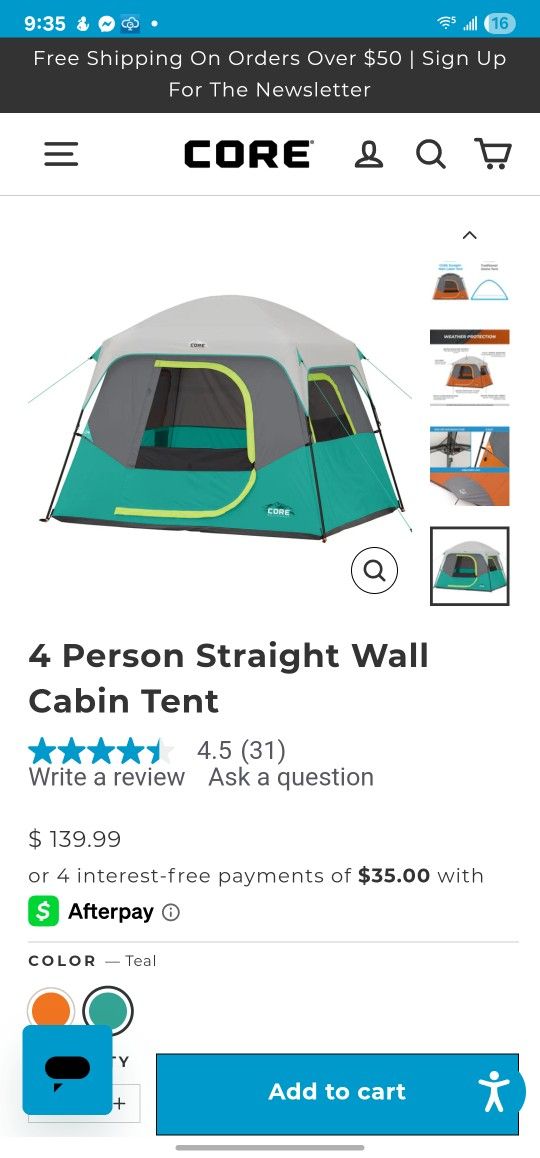 Core 4 Person Straight Wall Cabin Tent