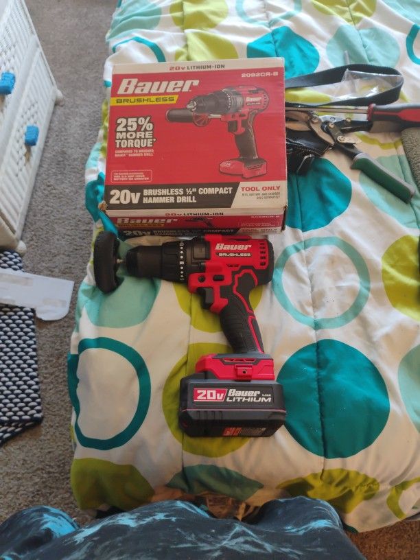 Bauer 20v Brushless 1/2" Compact Hammer Drill With New 5ah Battery