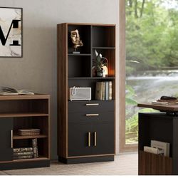 Office Book Shelf with Storage, 59 Inches Tall with Doors, Modern Bookcase , Black Walnut X-3