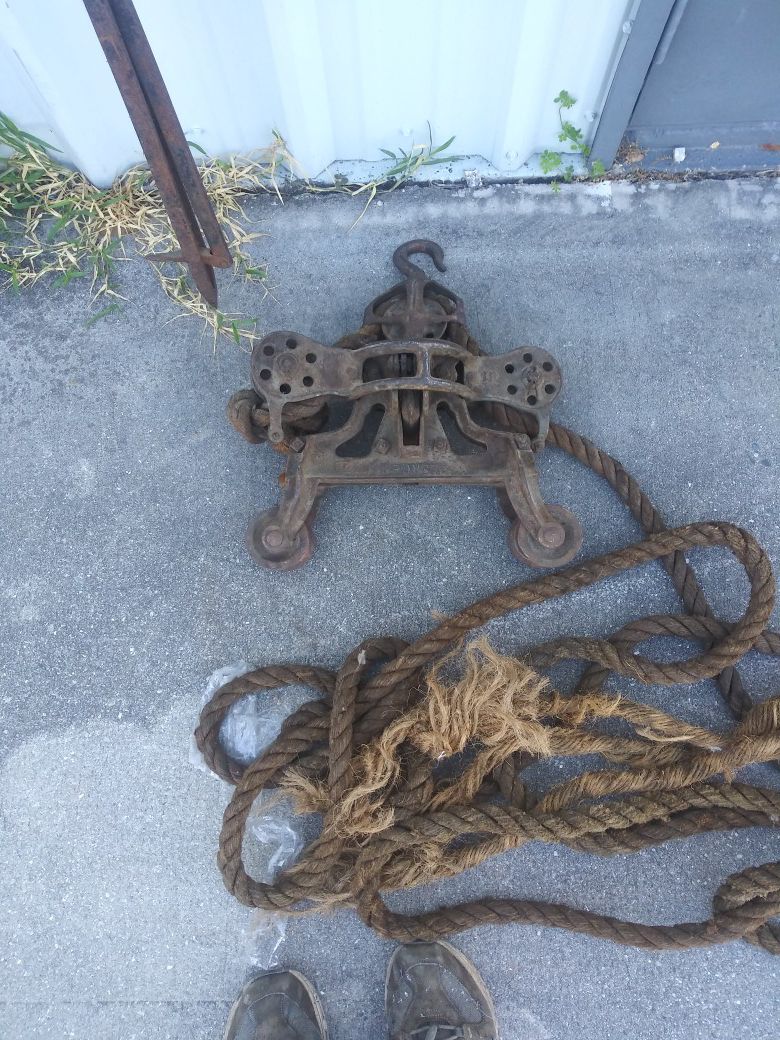 Antique hay trolly with rope and unloader