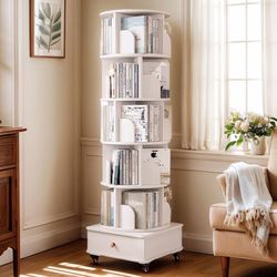 6 Tier Rotating Bookshelf with Drawers On Wheel, 360° Display Spinning Corner Book Shelf Tower, Narrow Tall Bookshelves, Small Revolving Bookcase, Woo