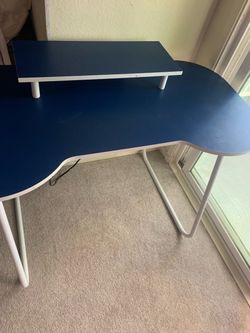 Blue L-Shaped Desk with Monitor Riser